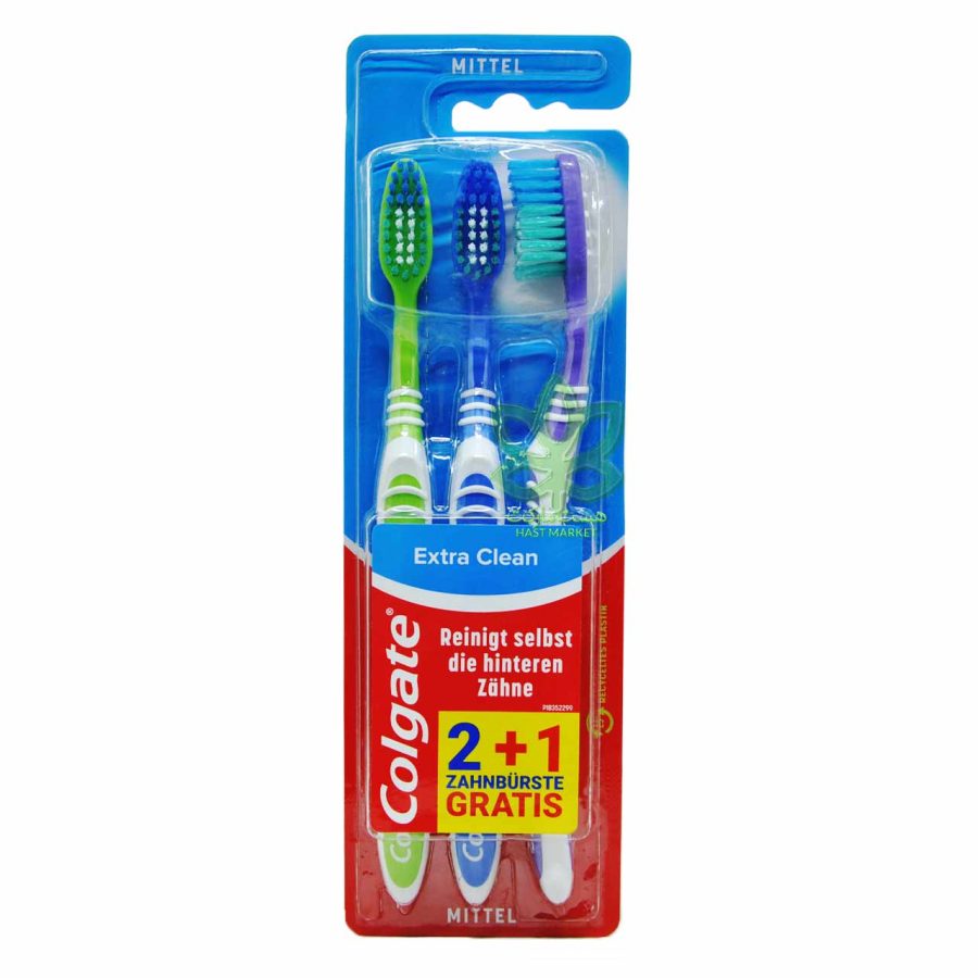 مسواک کولگیت با برس متوسط 3 عدد اکسترا کلین - colgate