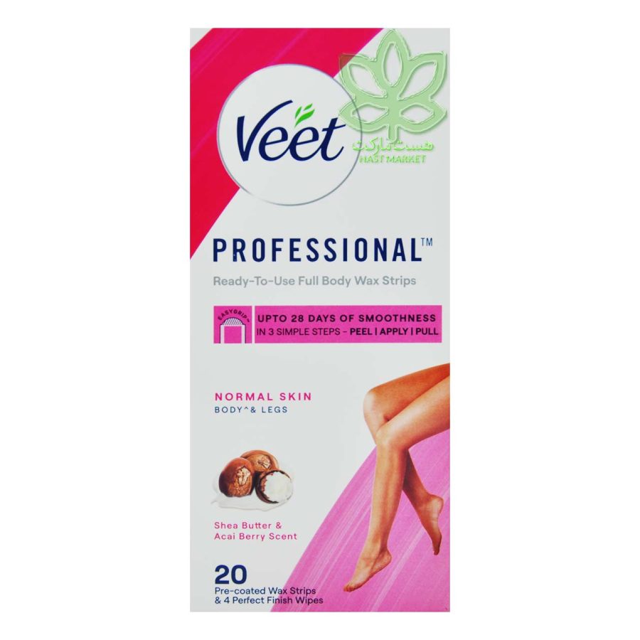 نوار وکس موبر بدن ویت پوست نرمال با شی باتر رایحه آکای بری 20 عدد - veet